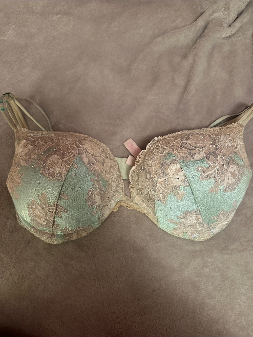 Women’s Victoria Secret Lace Accent Mint and Beige Bombshell Push-Up Bra
